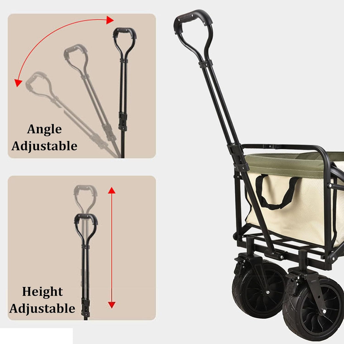 Bgarden Carts,Beige Collapsible Wagon,Sports Outdoor Utility Wagon Folding Garden Wagon Sports Steel Frame Foldable Yard Car Camping Cart with Side Pockets Off-Road Wheels