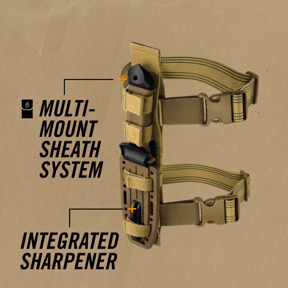 Gerber Gear LMF II Infantry Survival Knife, Made in USA Military Grade Tactical Fixed Blade with Serrated Edge, Shock Absorbing Handle, Molle Sheath and Sharpener, Coyote Brown