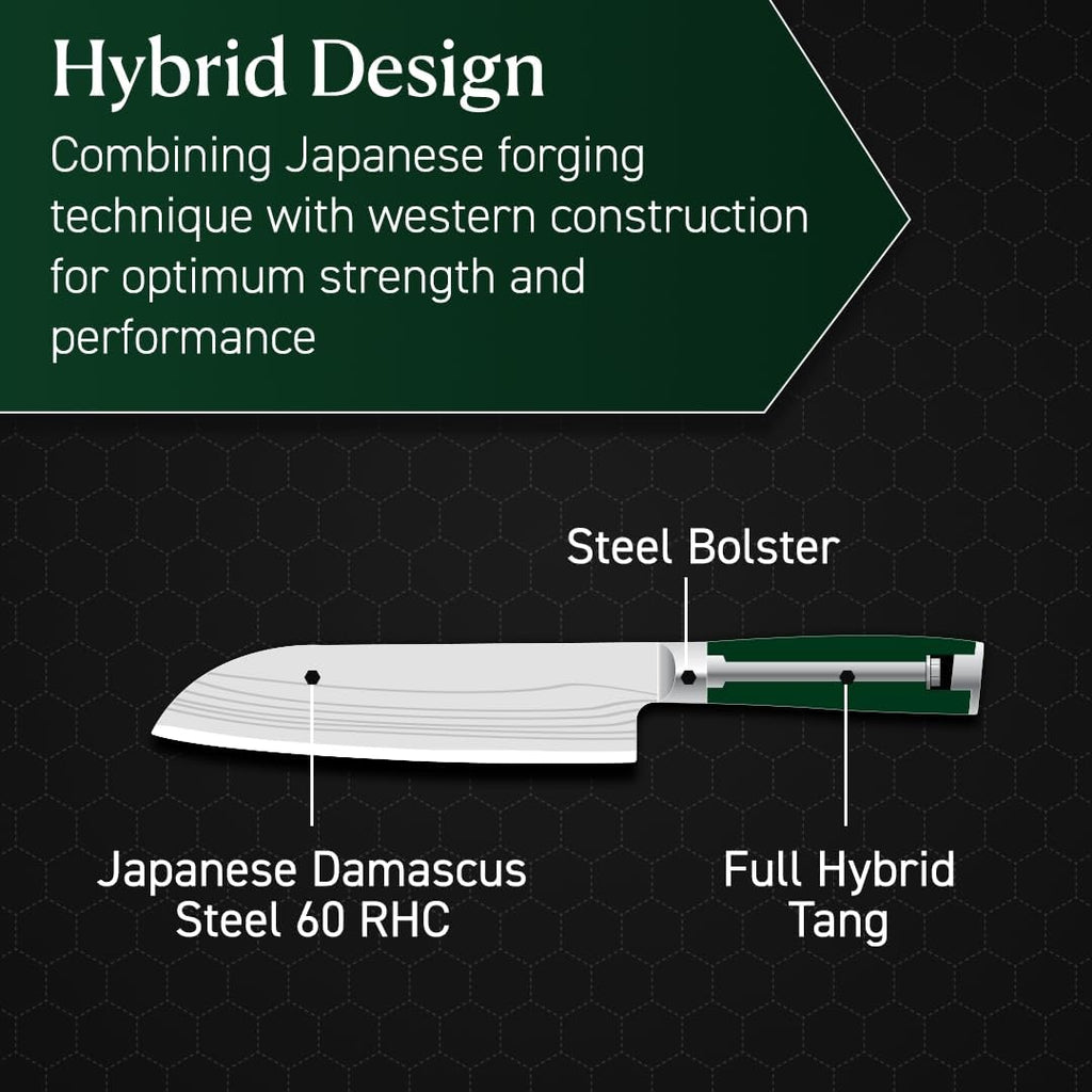 HexClad 7 Inch Japanese Damascus Stainless Steel Santoku Knife, Full Tang Construction, Pakkawood Handle