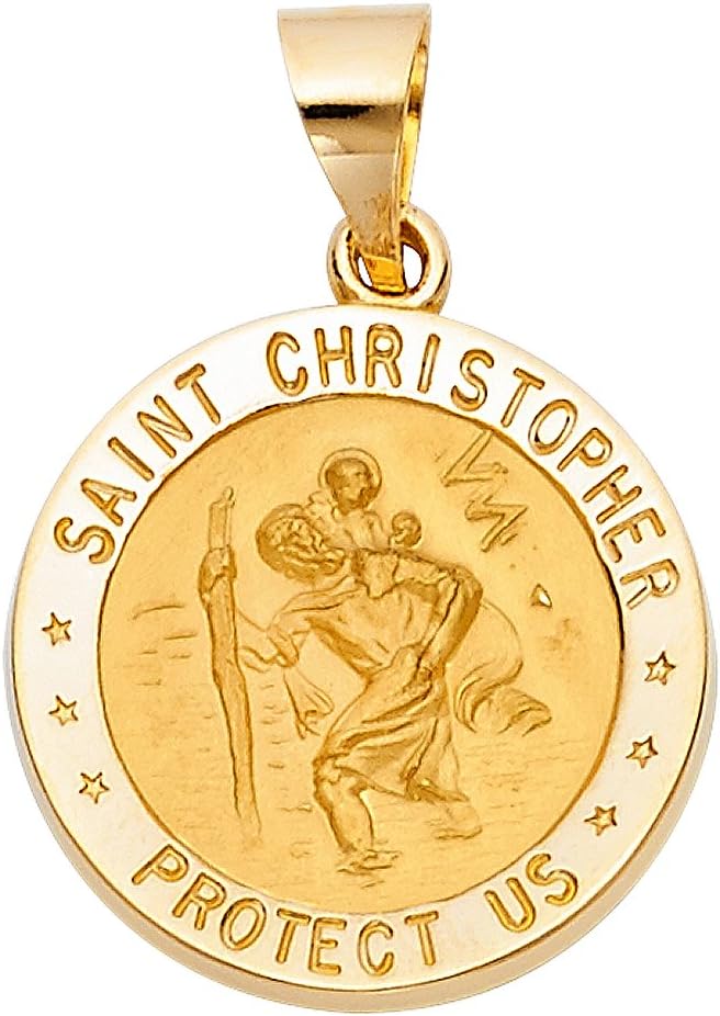 14K Yellow Gold Protect Us St. Christopher Medal Pendant Necklace with 1.7mm Flat Open Wheat Chain