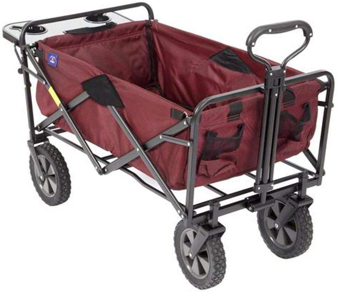 MacSports Heavy Duty Collapsible Outdoor Folding Utility Cart with Adjustable Rolling Wheels - All Terrain Sports & Beach Wagon with Side Table