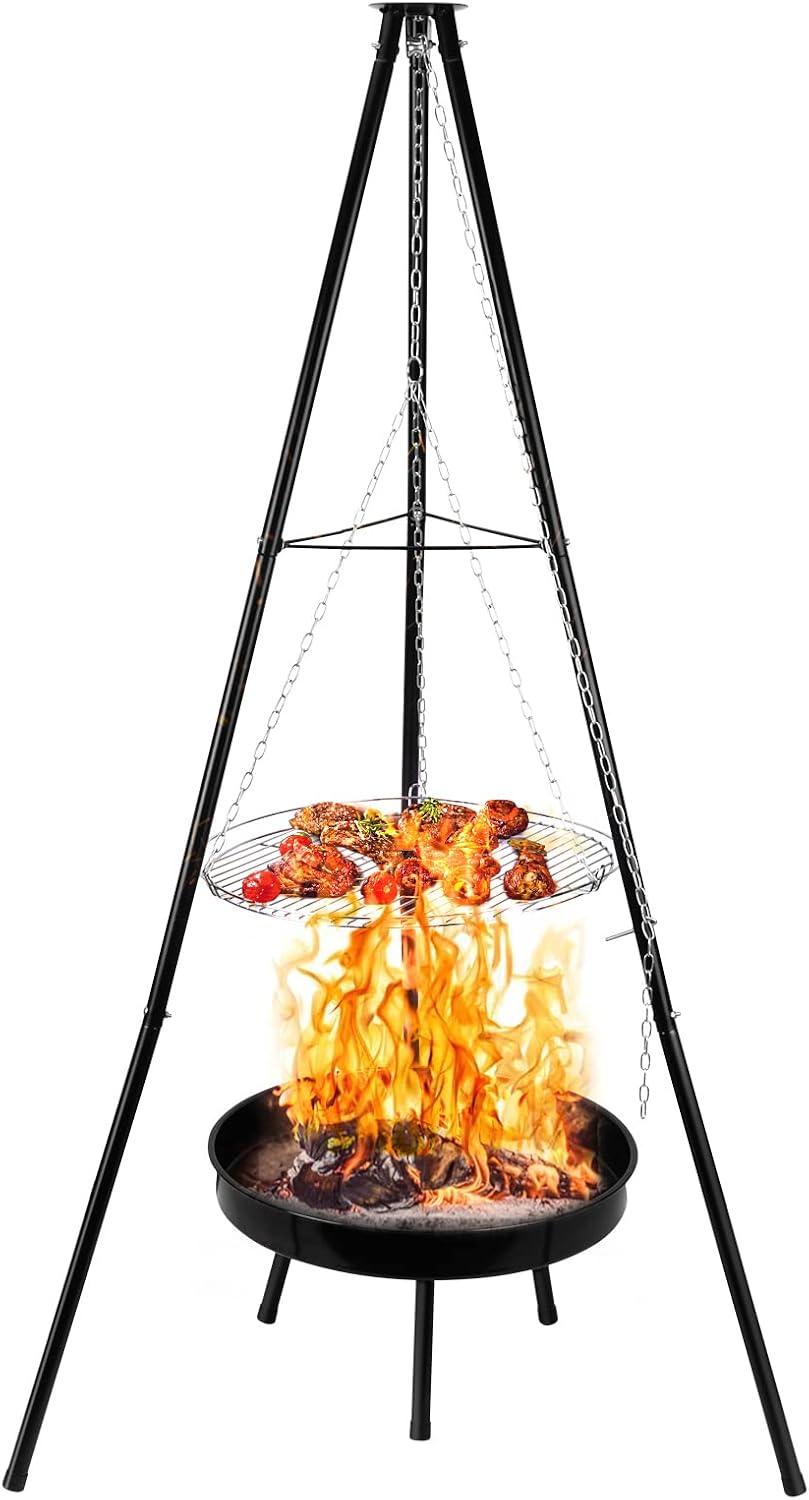 LDIW Camping Tripod Grilling Set with Black Fire Pit, Cooking Grill with Adjustable Hang Chain for Outdoor Picnic Camping Cookware Accessory