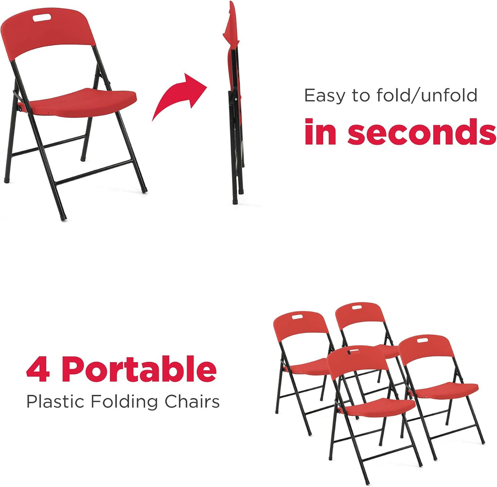 Creative Outdoor 4 Portable Plastic Folding Chairs, Sturdy Design, Indoor/Outdoor Events, Perfect Foldable Chairs for Camping/Picnic/Tailgating/Party (Red Set of 4 Chairs)