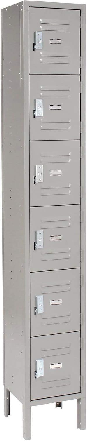 Global Industrial One-Wide Six-Tier Locker with Padlock Hasp, 12' W x 15' D x 78' H, 6 Doors, 12'x15'x12' Compartment Size, 16 Gauge Steel Construction, Unassembled, Gray