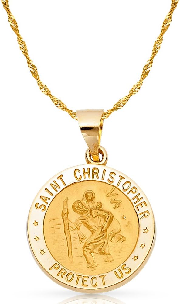 14K Yellow Gold Protect Us St. Christopher Medal Pendant Necklace with 1.5mm Singapore Chain