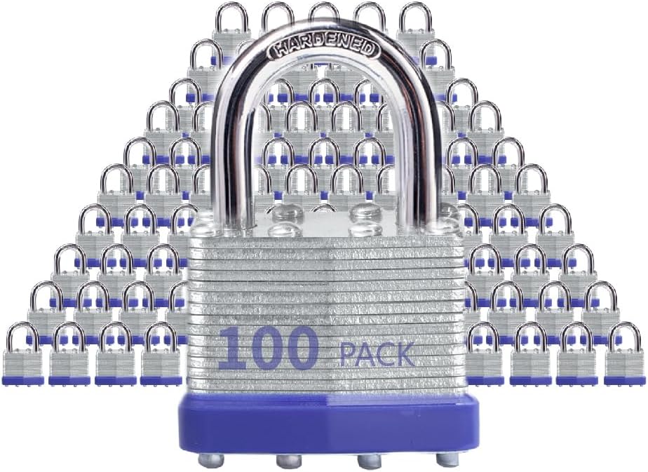 Keyed Alike Laminated Steel Padlocks, Standard Shackle, for Hasp, Shed, Fence, Storage Locker, School, Gym (100 Pack)