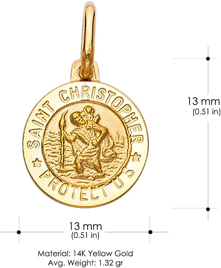 14K Yellow Gold St. Christopher Medal Pendant Necklace Protect Us Charm with 1.1mm Wheat Chain