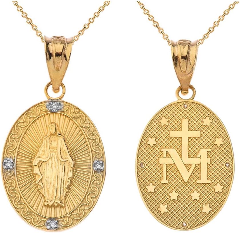 Religious Jewelry Certified 10k Gold Blessed Virgin Mary Miraculous Oval Medal Diamond Pendant Necklace