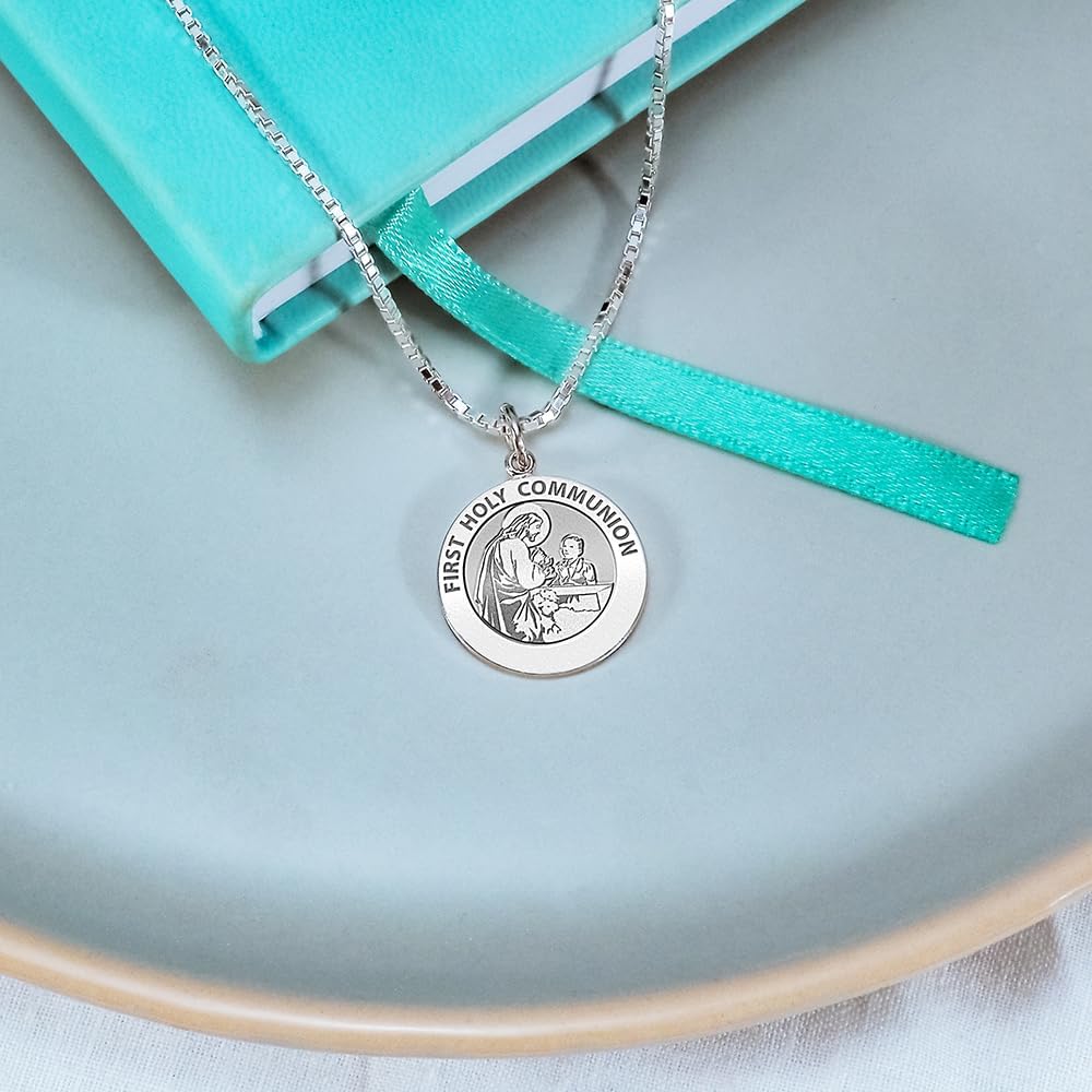 PicturesOnGold.com First Holy Communion Religious Medal (for a Boy) - 2/3 Inch (Size of a Dime) Solid 14K White Gold