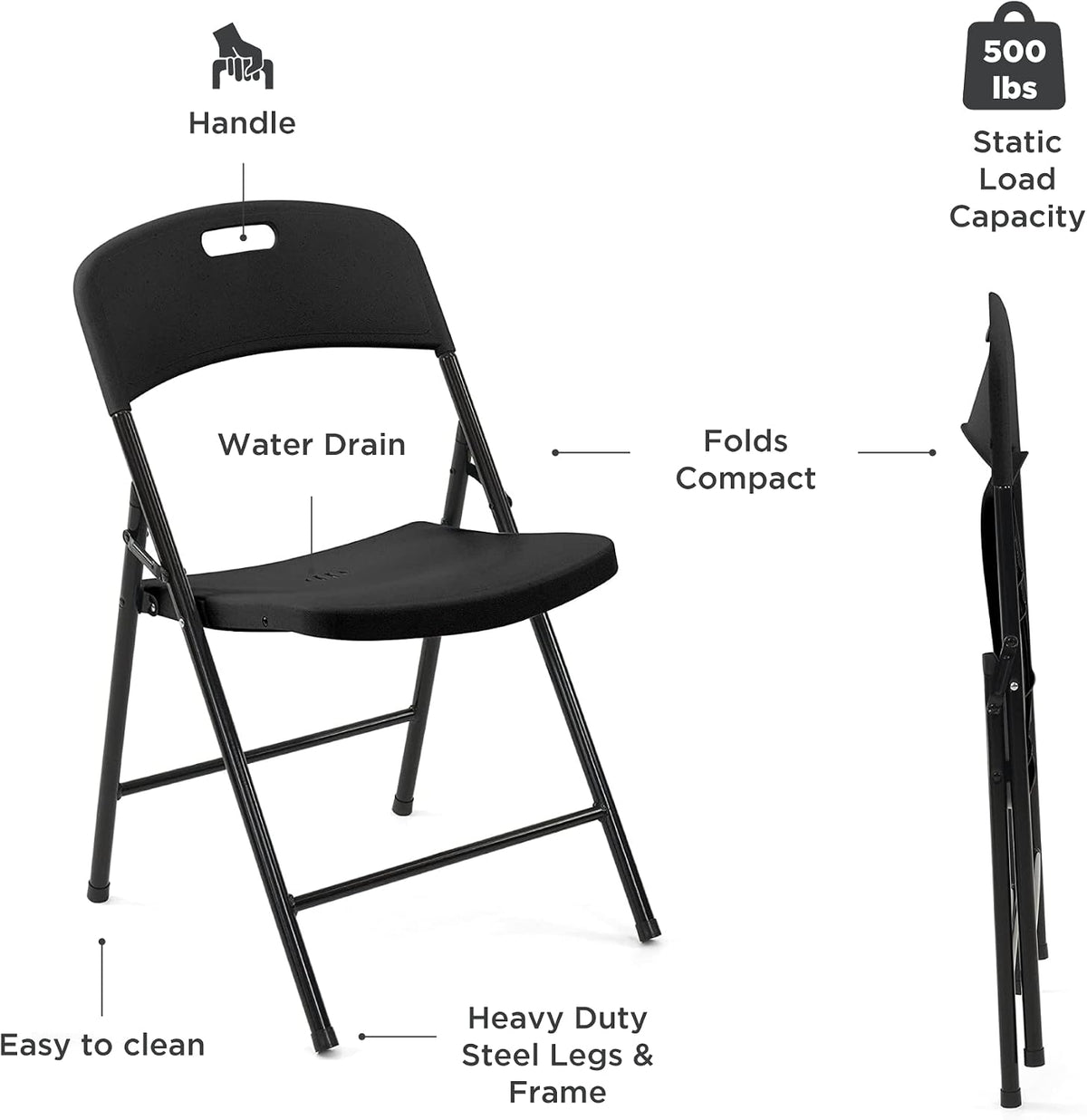 Creative Outdoor 4 Portable Plastic Folding Chairs, Sturdy Design, Indoor/Outdoor Events, Perfect for Camping/Picnic/Tailgating/Party (Black Set of 4 Chairs)