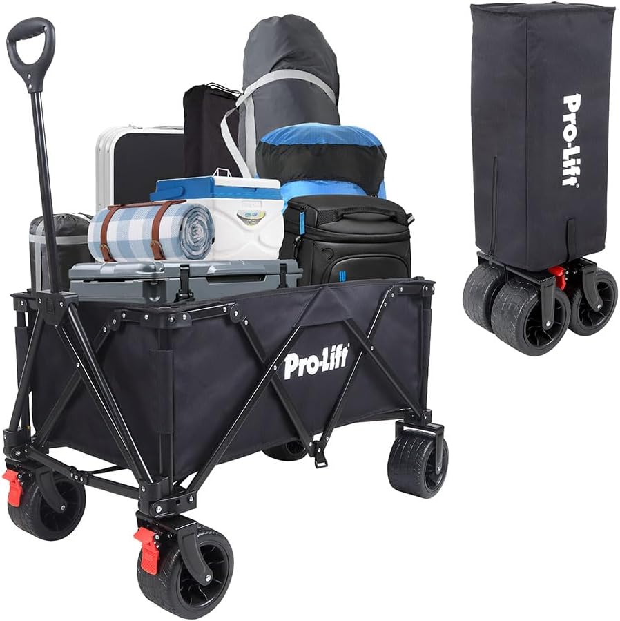 Pro-Lift Collapsible Folding Wagon– Beach Cart Large Capacity, Heavy Duty Folding Wagon Portable, for Outdoor Sports, Grocery, Camping, Shopping, Garden, Sports, Load up to 330LBS