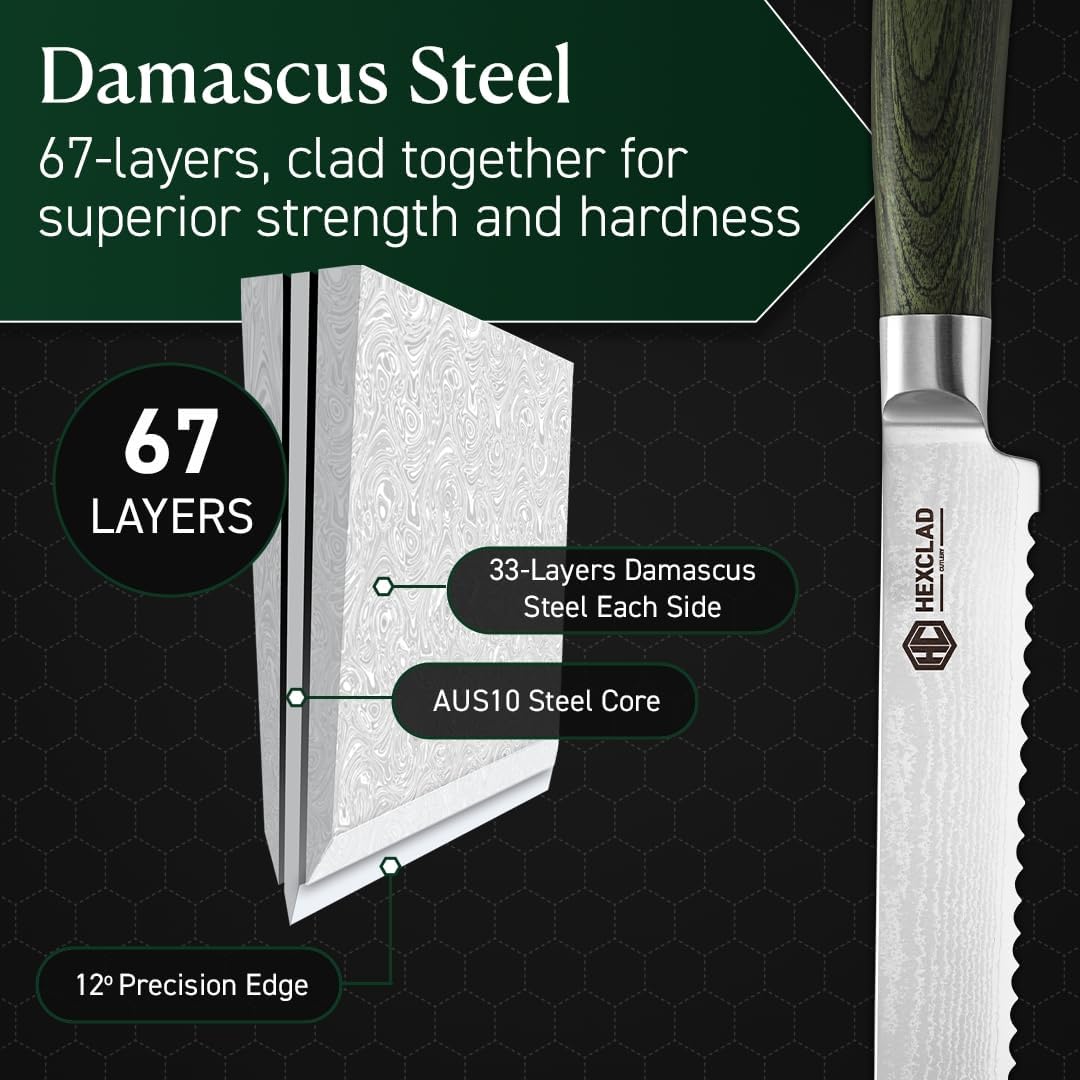HexClad 8 Inch Japanese Damascus Stainless Steel Bread Knife, Full Tang Construction, Pakkawood Handle