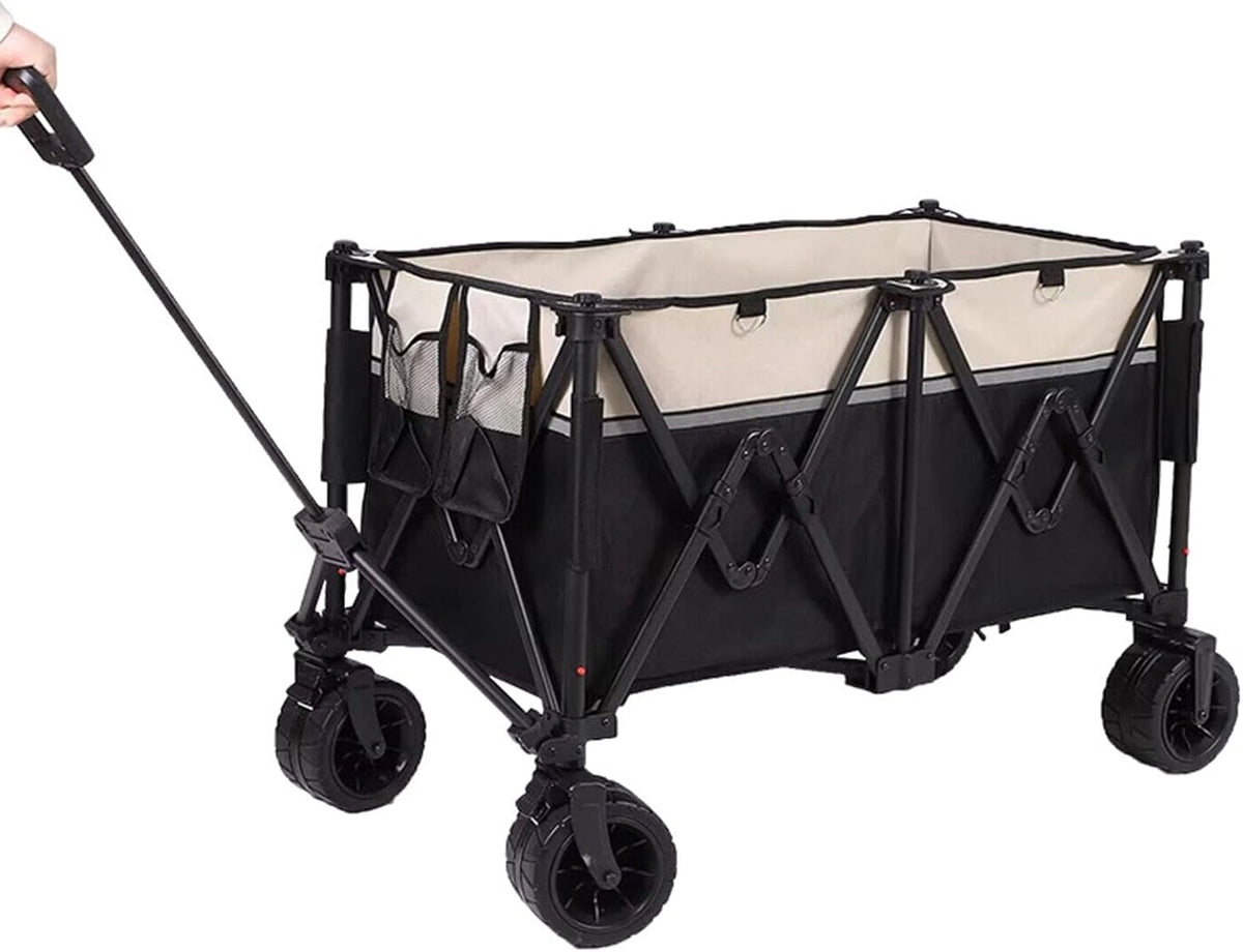 Black Garden Carts,Collapsible Wagon,Sports Outdoor Utility Wagon Garden Wagon Sports Heavy Duty Steel Frame Foldable Yard Car 200Kg Load Camping Cart