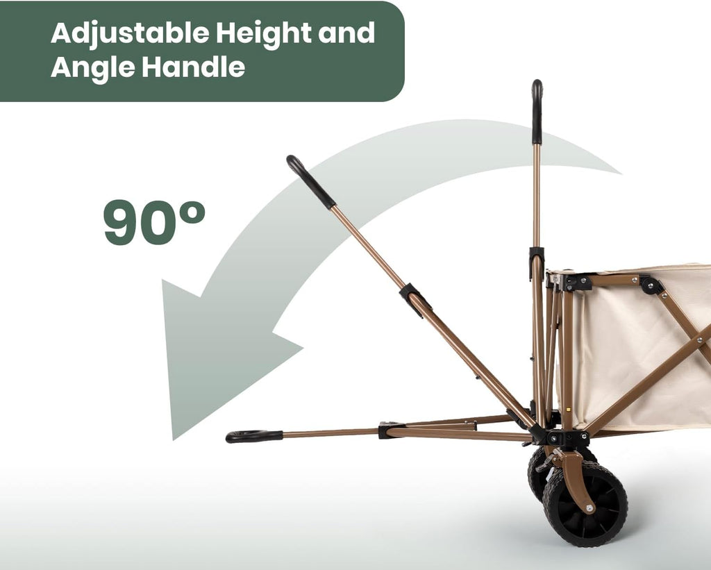 S'more Collapsible Folding Wagon Cart with Big All-Terrain Wheels, Heavy Duty Foldable Beach Cart with Brakes, Utility Grocery Wagon for Camping Garden Shopping Outdoor Sports, Beige