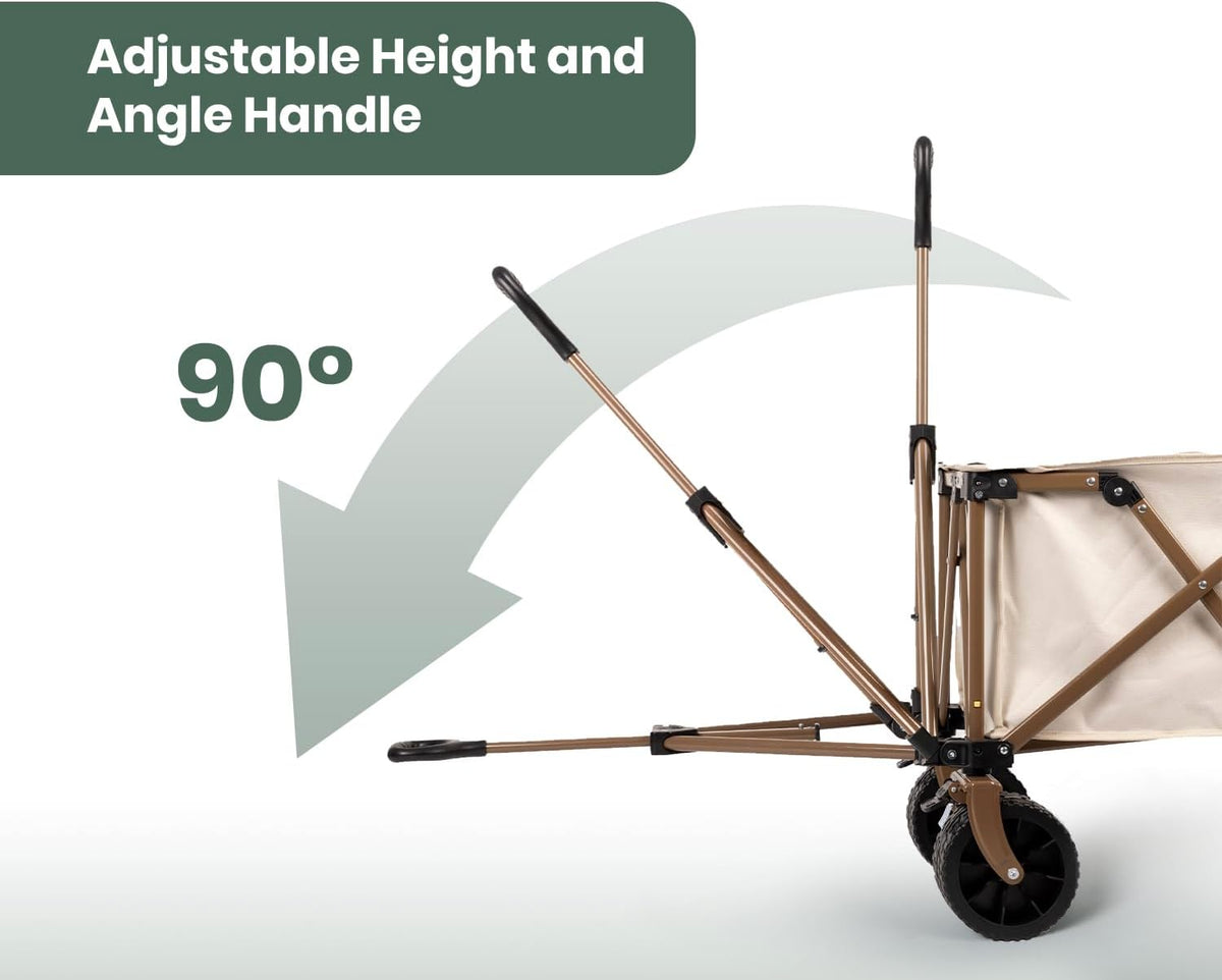 S'more Collapsible Folding Wagon Cart with Big All-Terrain Wheels, Heavy Duty Foldable Beach Cart with Brakes, Utility Grocery Wagon for Camping Garden Shopping Outdoor Sports, Beige