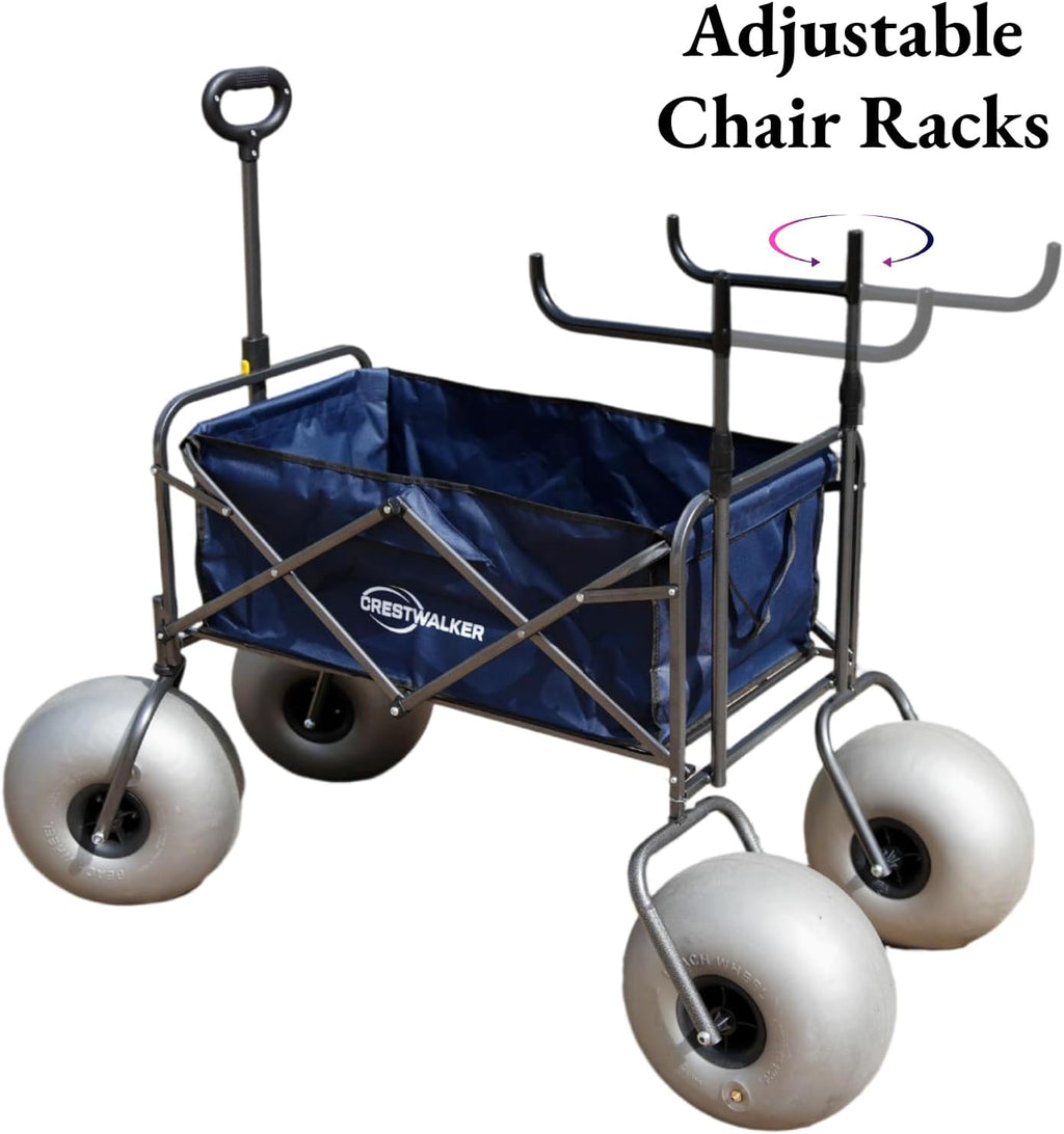 Beach Wagon with Balloon Wheels and Chair Racks, Collapsible Cart with Big Wheels for Sand, Heavy Duty 300 lbs Capacity, Folds Thin with Quick-Release Forks (13'' Wheel)