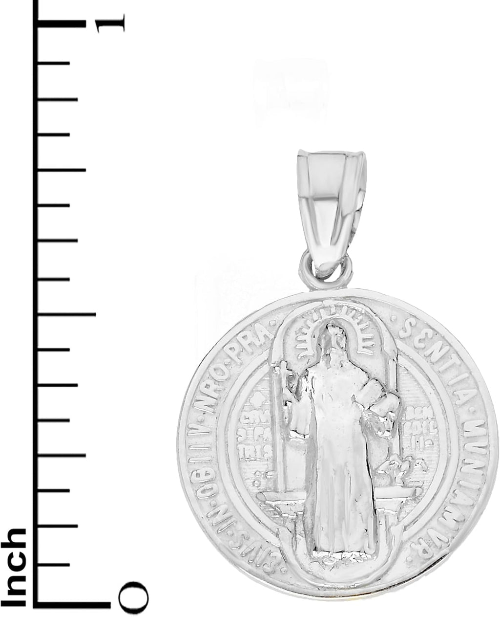 Solid 14k White Gold Saint Benedict Pendant - Double Sided Religious Medal