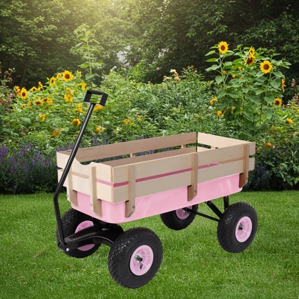 Pink Foldable Handle Cart for Gardening Supplies, Folding Heavy Duty Utility Wagon for Outdoor Sports,Portable Utility Cart, Rolling Carts, Sports Wagon with Wheels