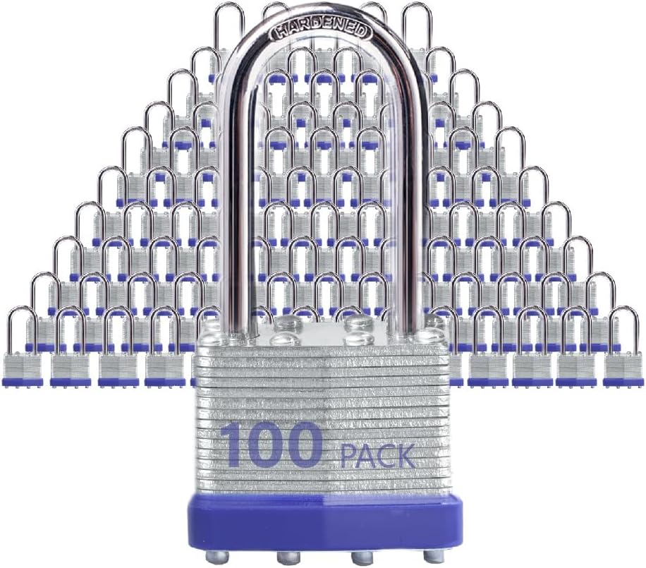 Laminated Steel Keyed Padlocks, 100 Pack, Blue, Keyed Alike, Long Shackle, 1-9/16' (40mm), for Hasp Latch, Sheds, Fences, Storage Locker, School, Gym