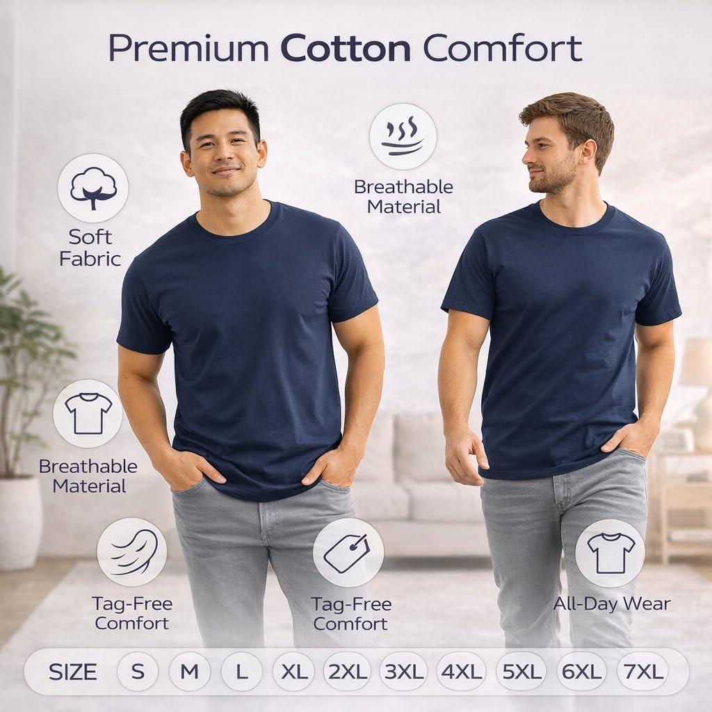 SOCKS'NBULK Men's Cotton Crew Neck Regular T-Shirts Bulk Short Sleeve Lightweight Tees Mix Colors
