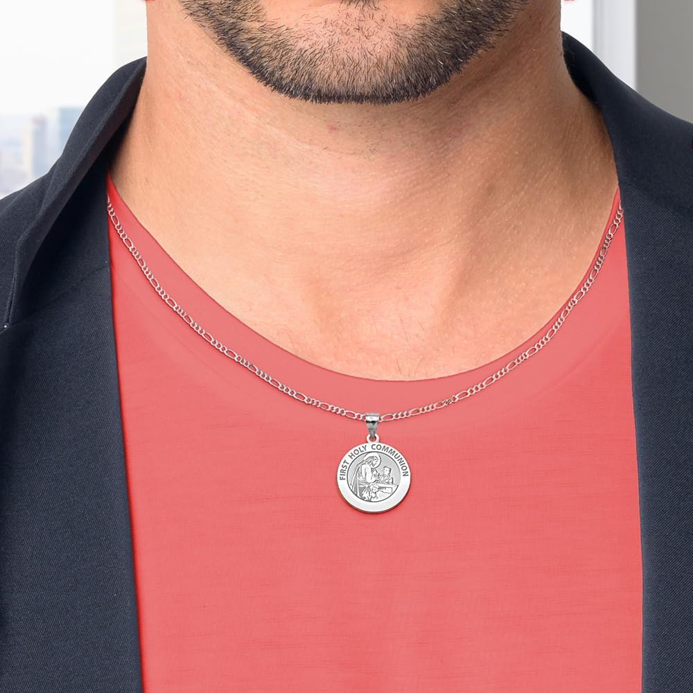 PicturesOnGold.com First Holy Communion Religious Medal (for a Boy) - 2/3 Inch (Size of a Dime) Solid 14K White Gold