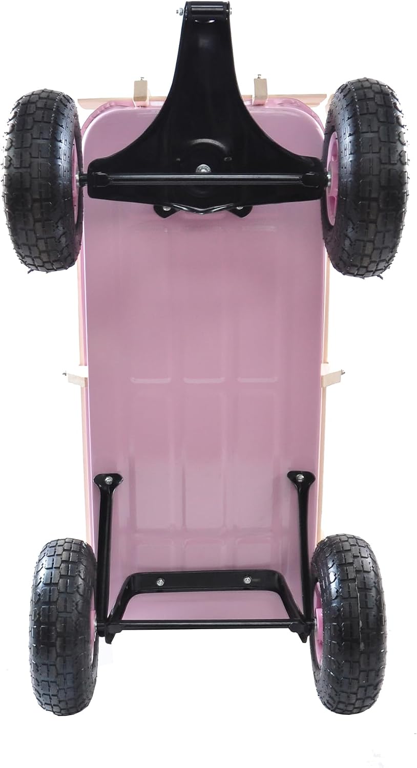 Outdoor Heavy Duty Wagon Cart for All Terrain Pulling, Steel Wagon Frame Removable Wooden Panels Adjustable Handle Air Tires Sport Wagon for Kids Camping Garden, Max. Load 176 lbs, Pink