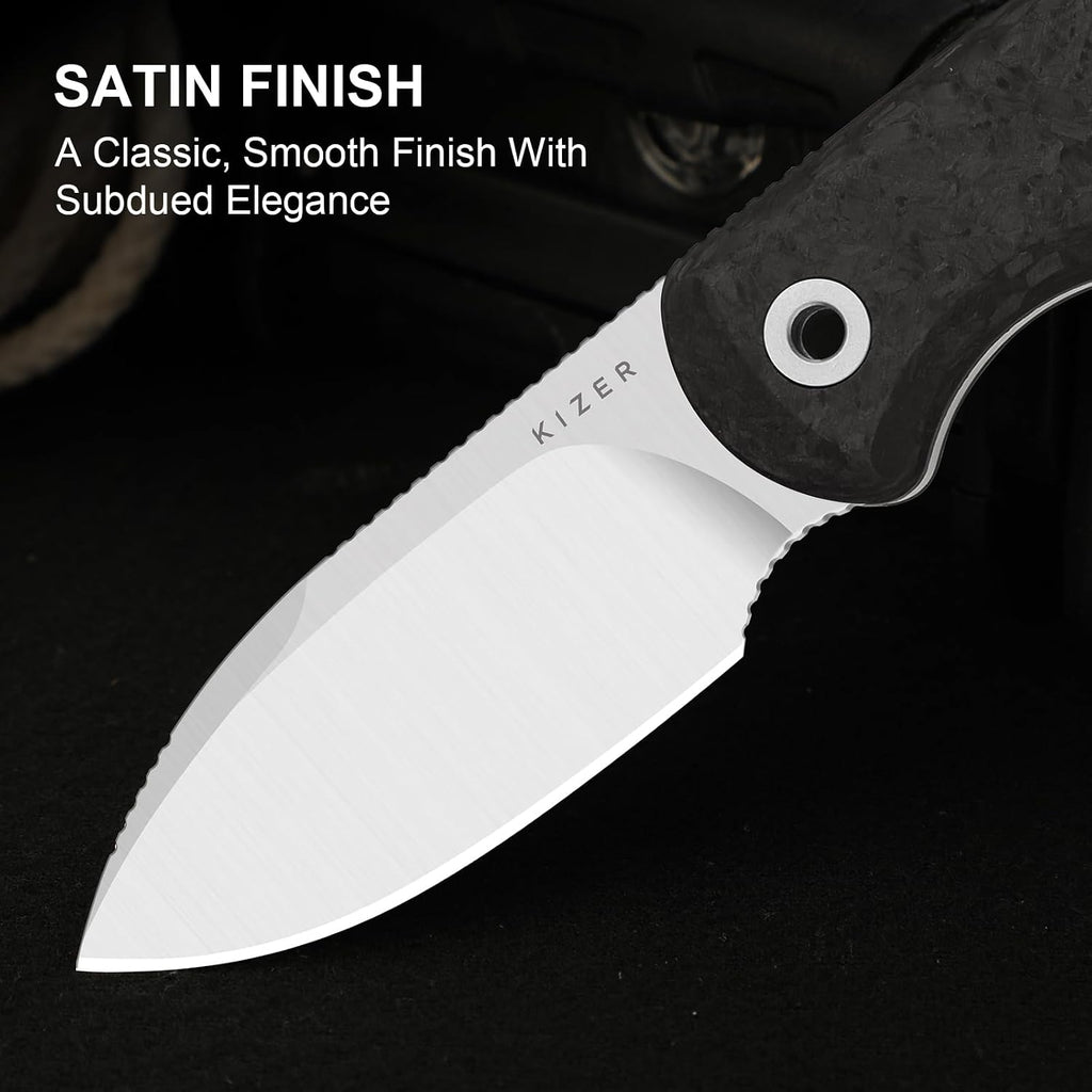 Kizer Drop Bear Fixed Blade Knife, 2.57' M390 Satin Blade EDC Camping Knife with Black Carbon Fiber Handle & Built-in Tools, Outdoor Small Hunting Survival Knives with Kydex Sheath, 1094A3