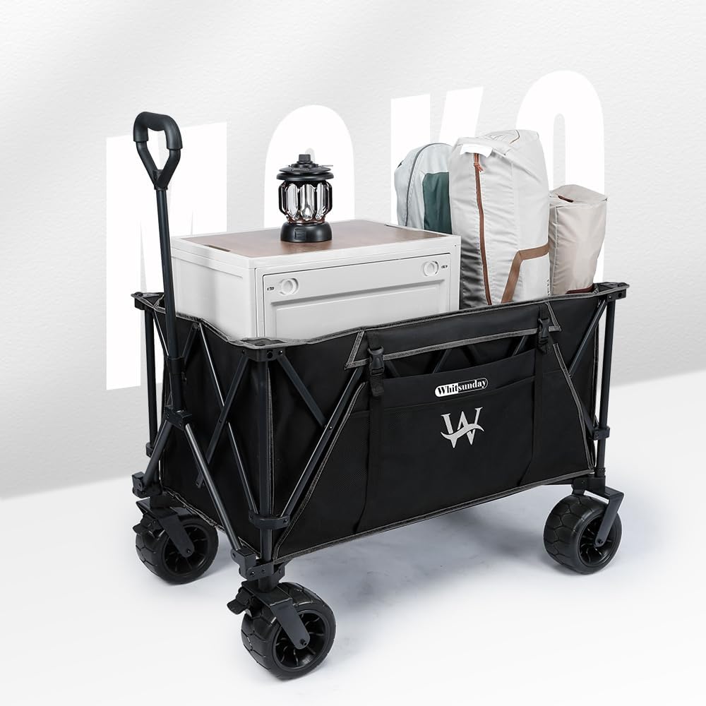 Whitsunday Heavy Duty Collapsible Wagon Cart, 380lb Load-Bearing Utility Wagon Cart with Big All Terrain Wheels, Folding Outdoor Wagon with Side Pocket for Beach, Camping, Outdoor Black