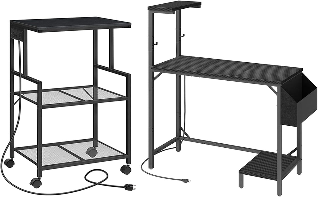 MAHANCRIS Printer Stand and Computer Desk Bundle, 3-Tier Rolling Printer Table with Power Outlets and 2 USB Ports, Computer Desk with Charging Station and LED Light PTHB78E01-CDHS134E01