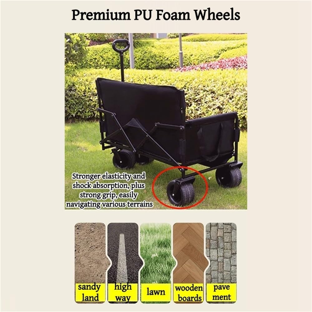2 in 1 Rolling Wagon with Seats, Foldable Wagon with Wheels, Utility Grocery Cart for Camping, Beach, Sports, Garden(Black)