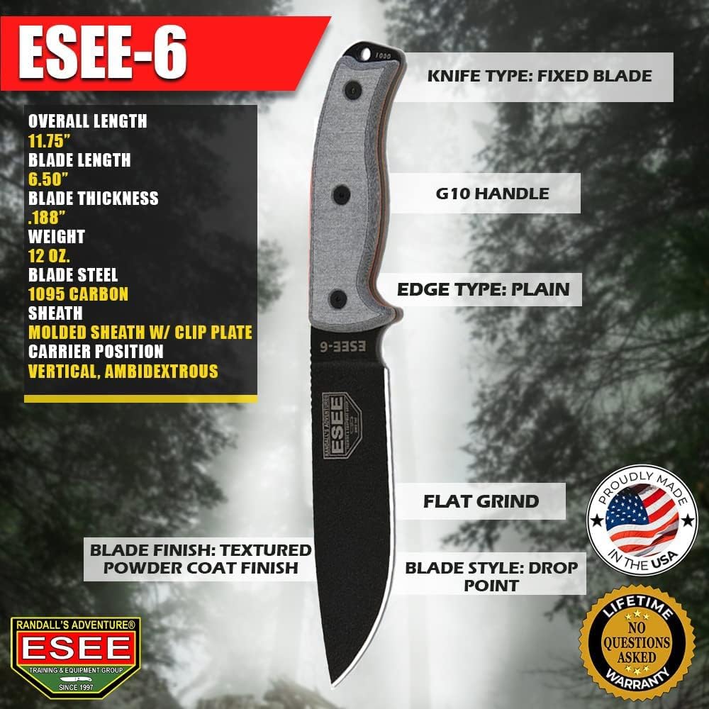 ESEE Knives 6P Fixed Blade Knife w/Molded Polymer Sheath (Black Blade/Coyote Brown Sheath)