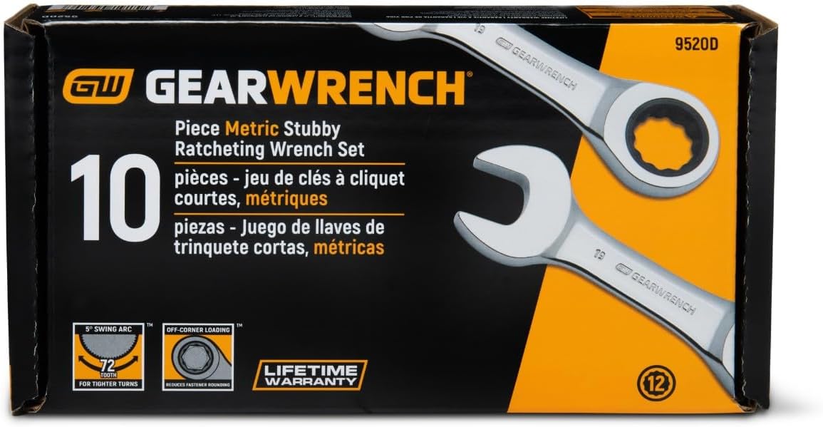 GEARWRENCH 10 Piece 12 Point Stubby Ratcheting Combination Wrench Metric Set | 9520D