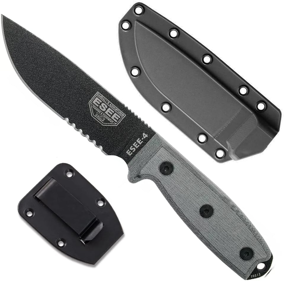 ESEE Knives Model 4S Survival Knife – Serrated Edge, Fixed Blade Knife, Includes Sheath - Field Tested, Made in the USA