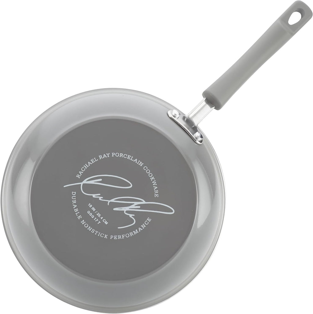 Rachael Ray Cookware Classic Brights Hard Enamel Aluminum Nonstick Cookware Set, 14-Piece, Sea Salt Gray