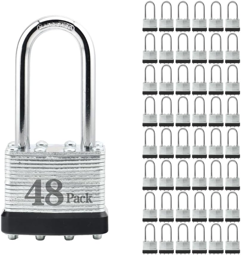 ZonRo Locks Laminated Steel Keyed Padlocks,Keyed Alike Locks, 1-9/16 inch Wide,Long Shackle Padlocks, Pack of 48，Black Hoop, for Hasp Latch, Sheds, Fences, Storage Locker, School, Gym…