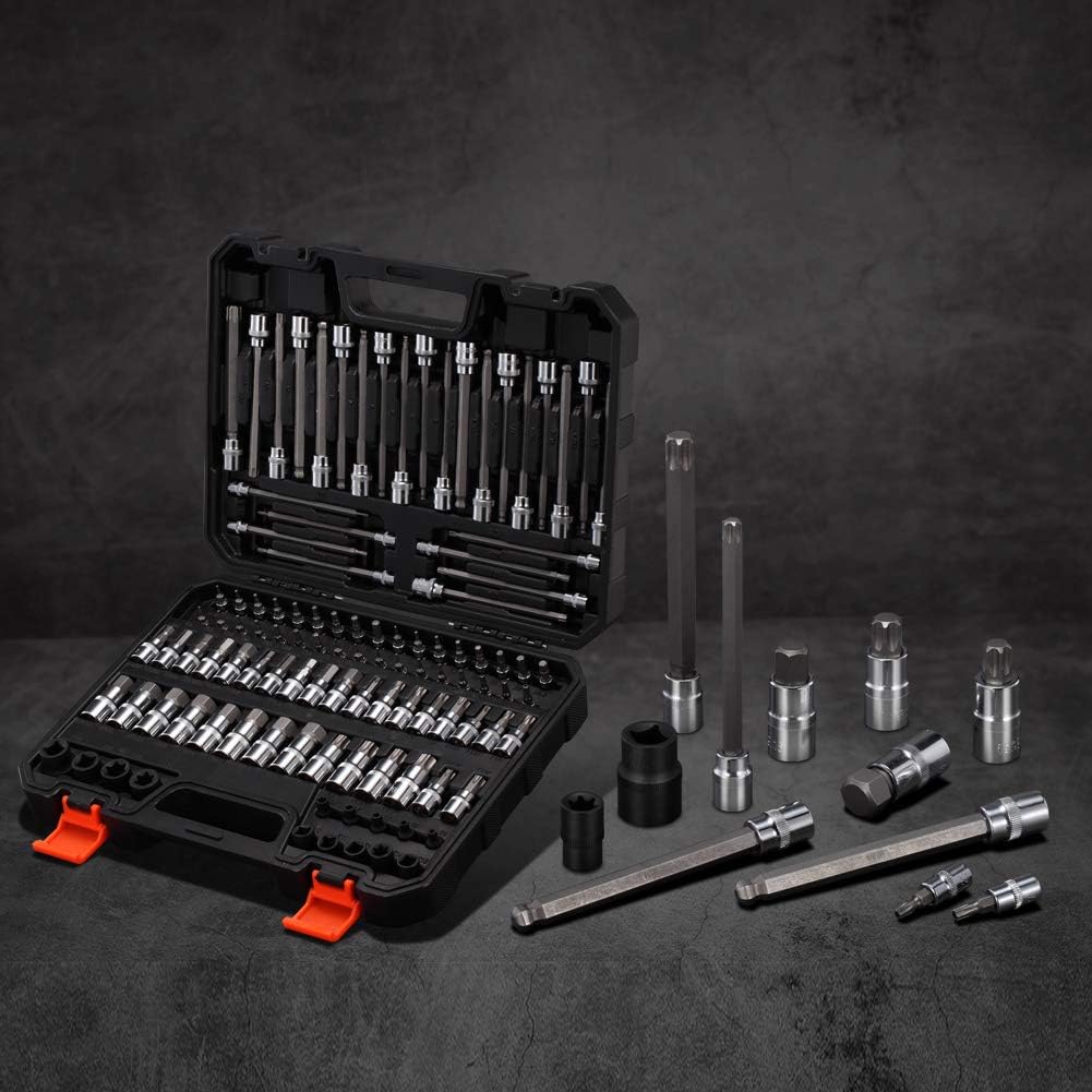 107-Piece Allen and Torx Bit Socket Set, 1/4', 3/8' and 1/2' Drive Hex/Ball End Hex/Extra Long Tamper Proof Torx SAE & Metric Bit Set