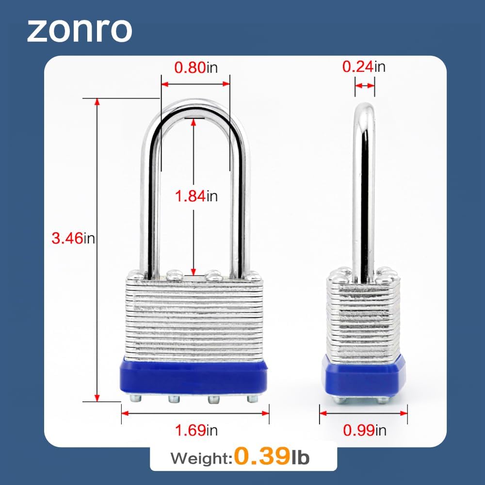 ZonRo Locks Laminated Steel Keyed Padlock, Keyed Alike Locks,1-9/16'(40mm) Wide Body,Long Shackle Padlock, Blue Plastic Hoop, Pack of 48