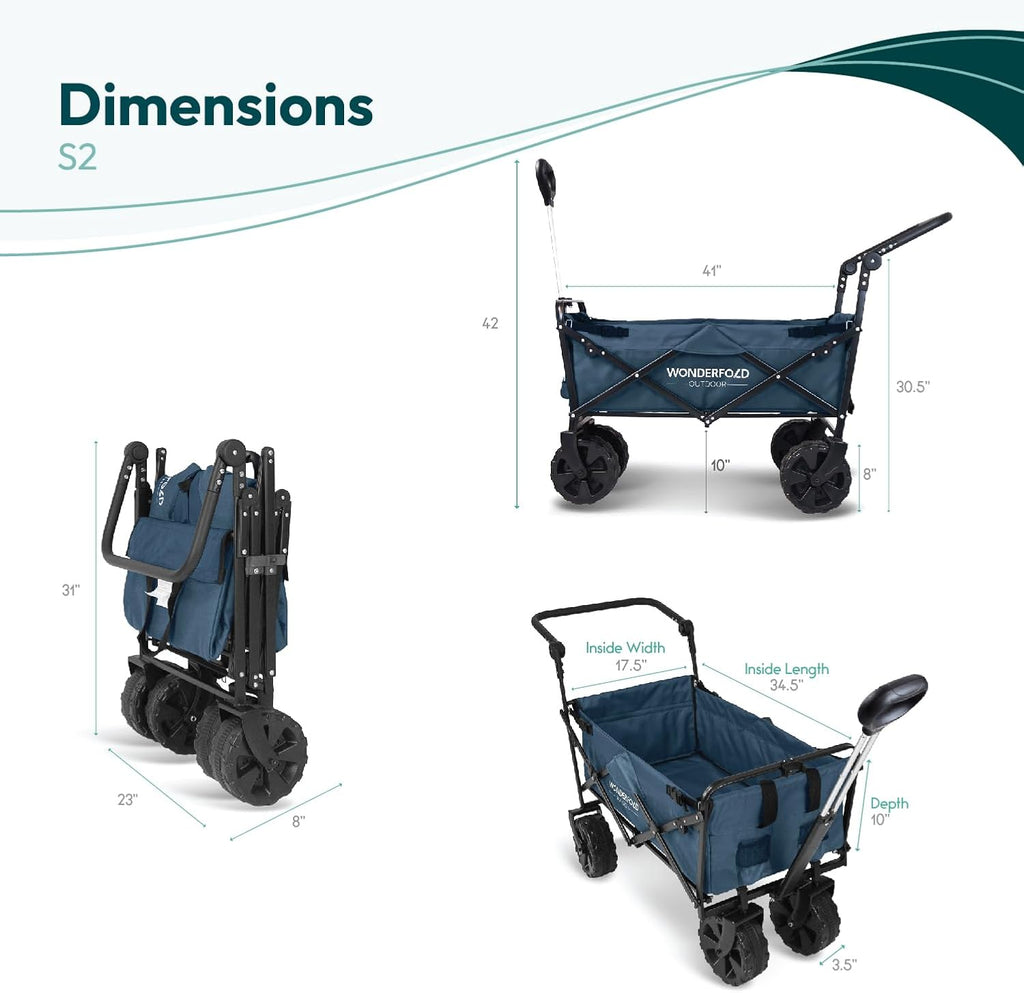WONDERFOLD S2 Push & Pull Folding Utility Cart with Wide Beach Tires, Adjustable Push Handle, Telescopic Pull Handle with Spring Bounce Technology & Storage Pouch, Blue