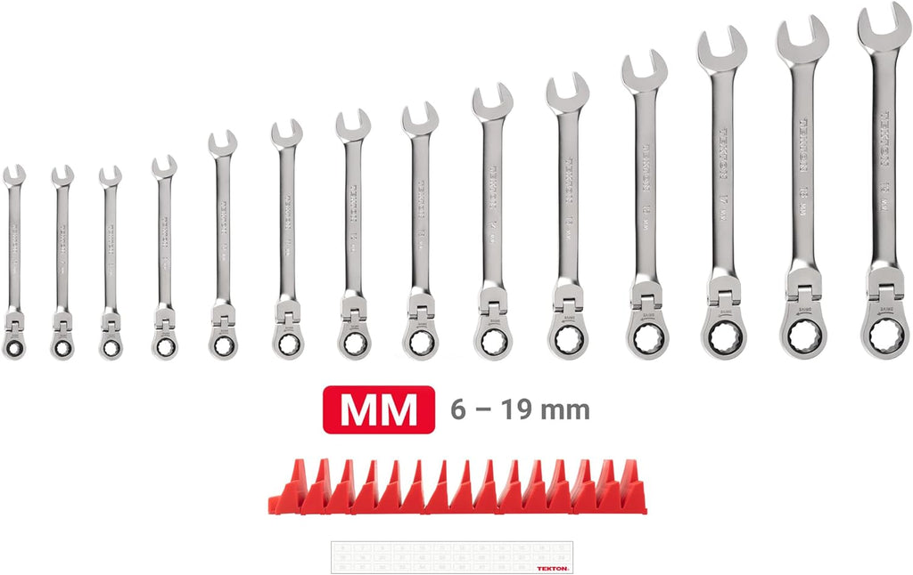 TEKTON Flex Head 12-Point Ratcheting Combination Wrench Set with Modular Organizers, 14-Piece (6-19 mm) | WRC95302