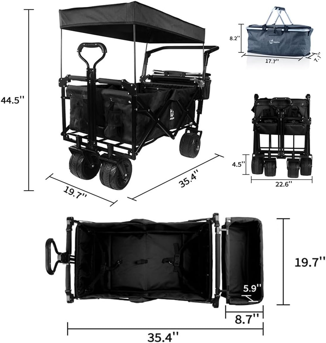 Collapsible Wagon Cart with Removable Canopy, Heavy Duty Foldable Wagon with 4' Large All Terrain Wheels, Brake, Cooler Bag, Adjustable Handles for Garden Beach Sports (Black)