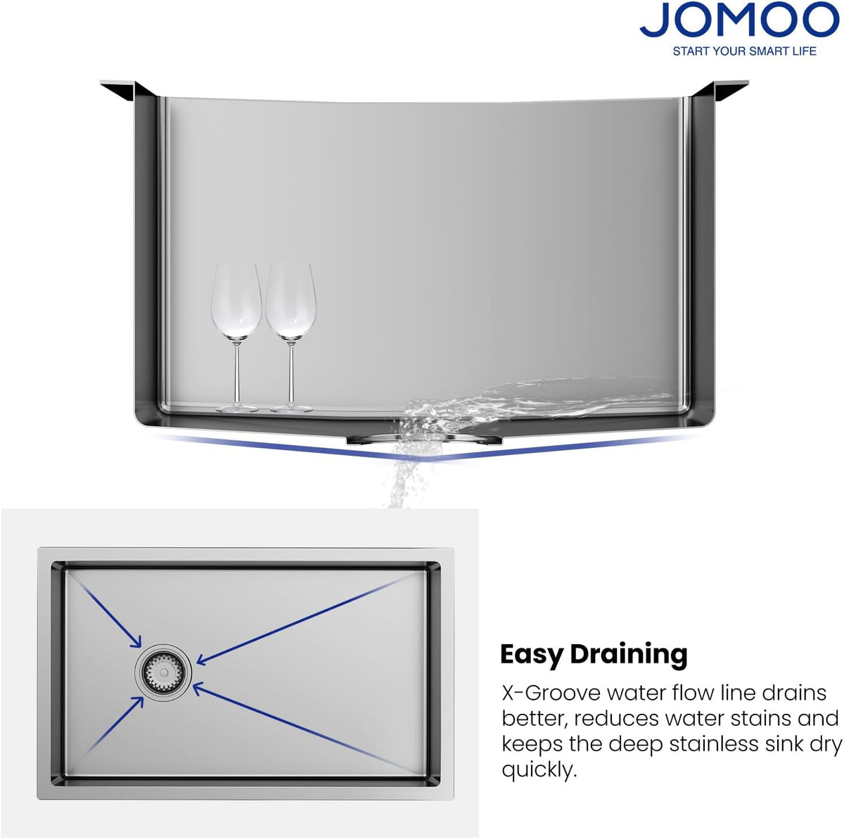 JOMOO 30'x18' Undermount Kitchen Sink, 304 Stainless Steel Handmade Single Bowl Deep Basin Sink with Accessories, Round Corners, Ideal for Kitchen, Bar, Laundry, RV