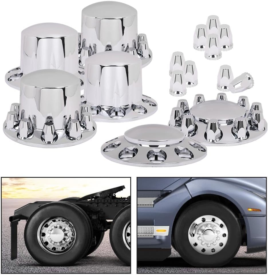 DOTCOM Wheel Hub Cover Kit Front & Rear Axle Cover 33mm Lug, Fit Semi Truck with 20', 22.5' and 24.5' hub piloted Wheels,11.25' Bolt Circle Wheels Silver