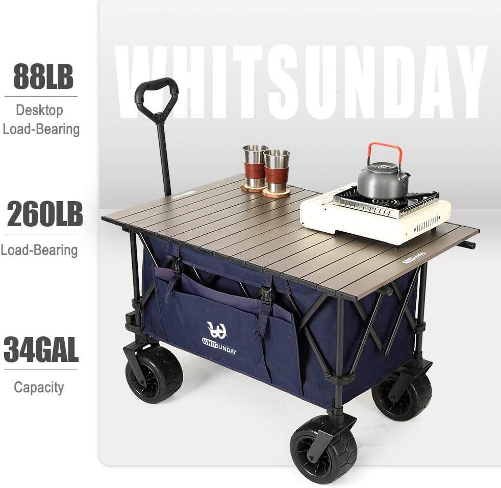 Whitsunday Collasible Wagon, Large Capacity 400Lbs, All-Terrain Wheels Heavy Duty Utility Wagon for Gardening Shopping Fishing Camping Outdoor Picnic Blue