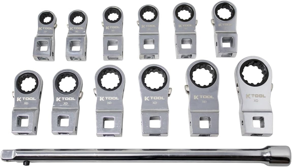 K Tool Internationl XD2CWSM Metric Ratcheting Crowfoot Wrench Set, 13 Piece 3/8 Inch Drive, 72 Tooth Heads, 8 to 19 mm Sizes, Locking Extension Included