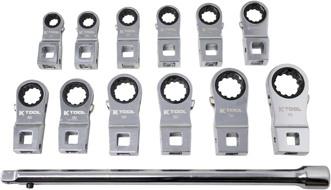 K Tool Internationl XD2CWSM Metric Ratcheting Crowfoot Wrench Set, 13 Piece 3/8 Inch Drive, 72 Tooth Heads, 8 to 19 mm Sizes, Locking Extension Included