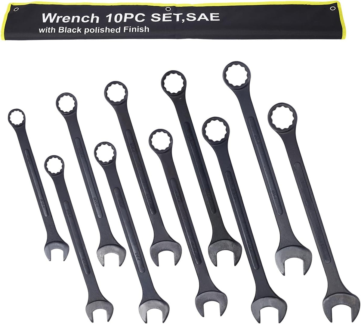 10-piece Jumbo Wrench Set, 1-5/16'' to 2'' Large Combination Wrench Set, SAE, Black Oxide Finish with Pouch
