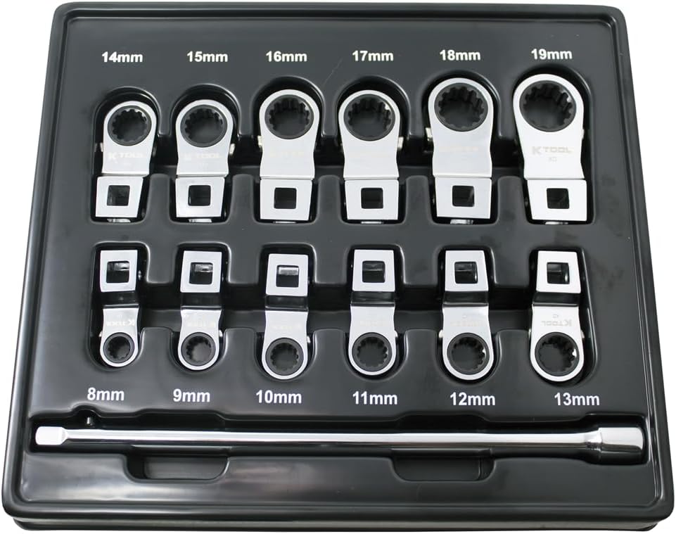 K Tool Internationl XD2CWSM Metric Ratcheting Crowfoot Wrench Set, 13 Piece 3/8 Inch Drive, 72 Tooth Heads, 8 to 19 mm Sizes, Locking Extension Included