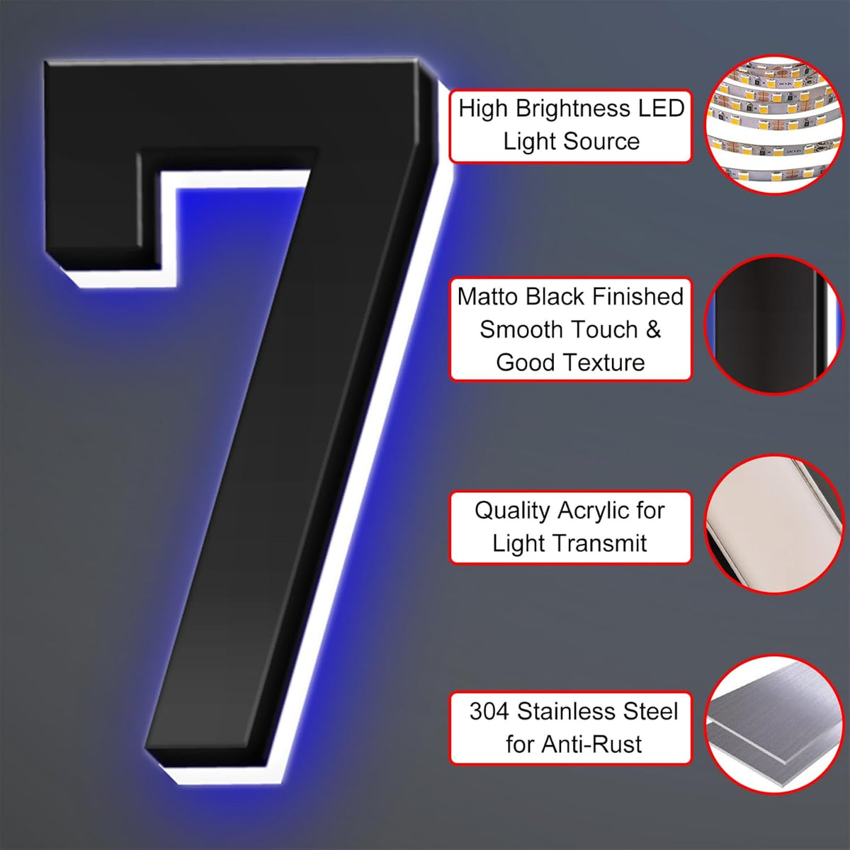 Illuminated Address Sign Plaque House Numbers LED Lighted, Stainless Steel, Modern Backlit LED Illuminated Home Address Number, Lighted House Numbers,G