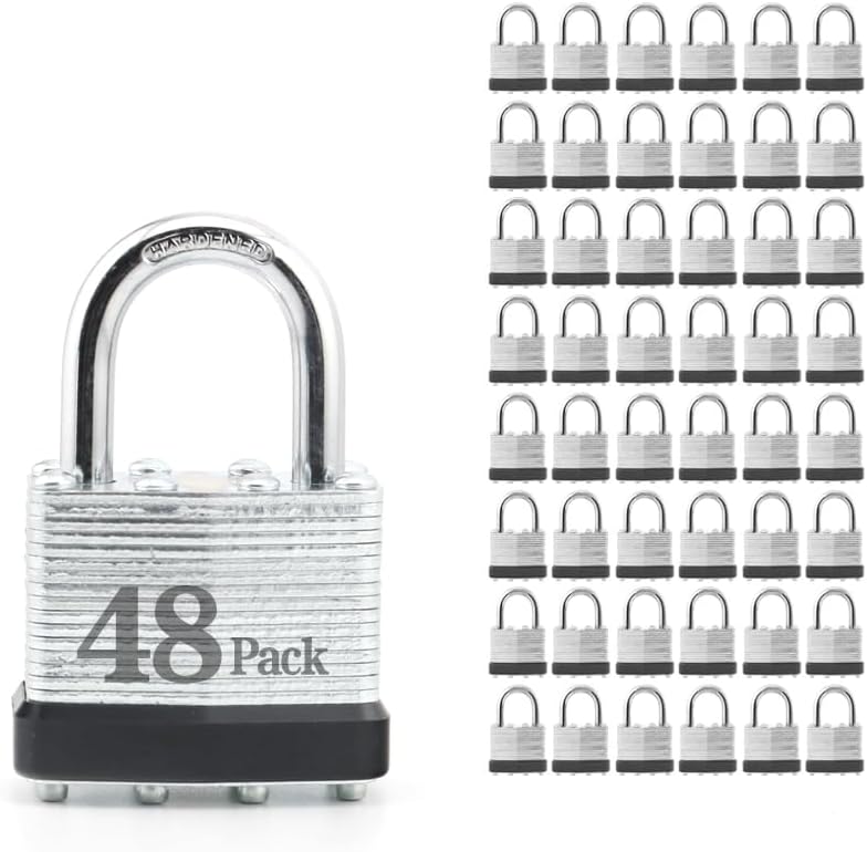 ZonRo Locks Laminated Steel Keyed Padlocks,Keyed Alike Locks, 1-9/16 inch Wide,Normal Shackle Padlocks, Pack of 48，Black Hoop, for Hasp Latch, Sheds, Fences, Storage Locker, School, Gym…