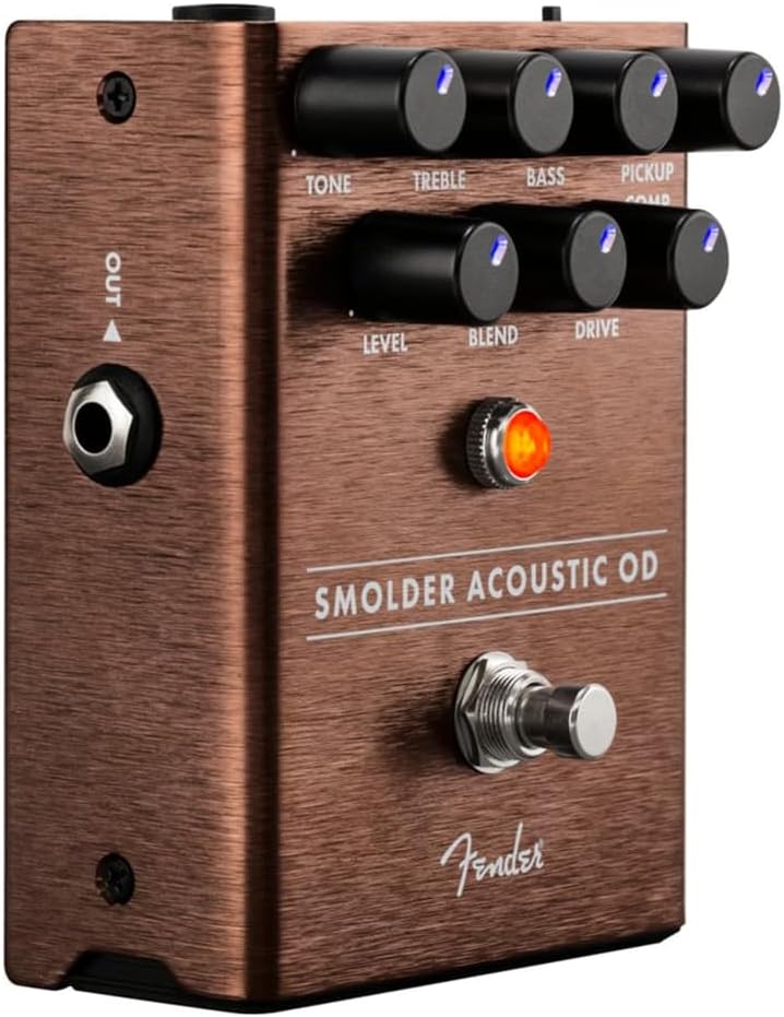 Fender Smolder® Acoustic Overdrive Effects Pedal Bundle w/2x Strukture S6P48 Woven Right Angle Patch Cables, 12x Guitar Picks and Liquid Audio Polishing Cloth
